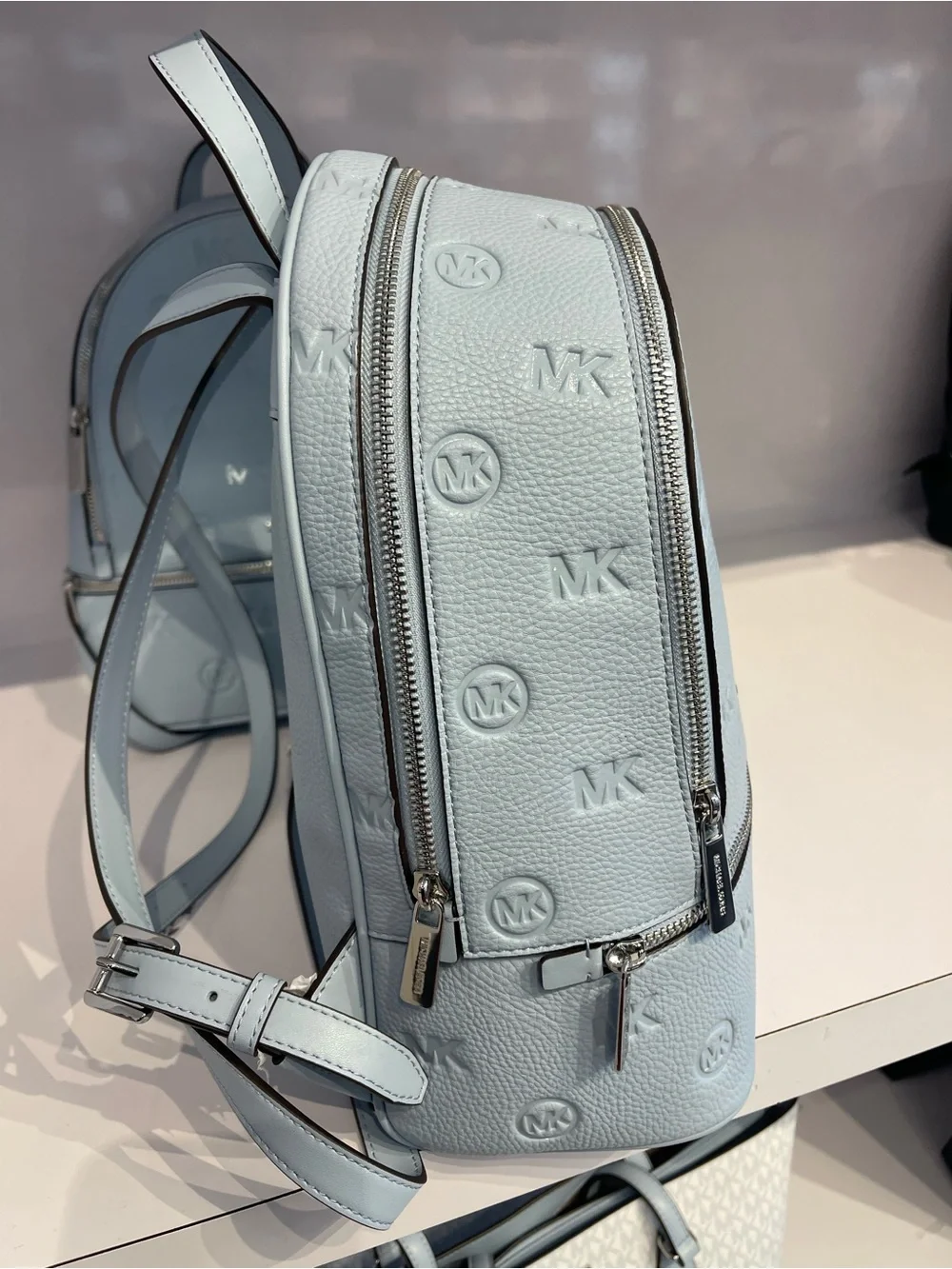 Michael Kors Rhea Medium Zip Logo Debossed Backpack Pale Ocean NWT